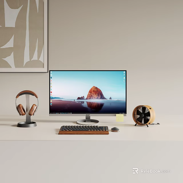 Modern Desktop Computer Setup With Monitor Headphones Keyboard Mouse And Fan 3d model 