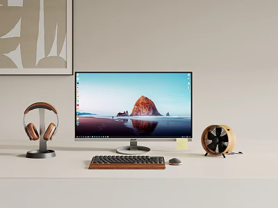 Modern Desktop Computer Setup With Monitor Headphones Keyboard Mouse And Fan 3d model