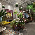 Café Interior Design With Green Plants Wooden Counter Cake Display And Decorative Shelves