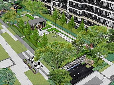 Modern Garden Landscape With Trees Lawn Pavilion Seating Area And Walkway Near Apartment Buildings 3d model