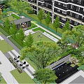 Modern Garden Landscape With Trees Lawn Pavilion Seating Area And Walkway Near Apartment Buildings