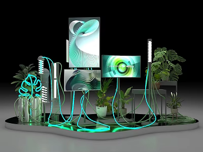 Modern Photo Spot With Neon Lights Digital Screens And Green Plants 3d model