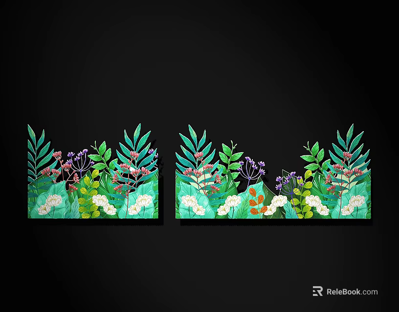 Natural Themed Wall Art With Green Leaves Purple And White Flowers 3d model 