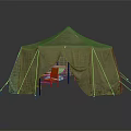 Green Camping Tent With Table And Chairs Grey Background Floor Reflection Design 3d model