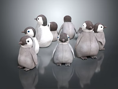 Cute Penguin Stuffed Toys With White And Gray Plush Material Group 3d model