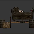 Vintage Wooden Cart With Wooden Wheels Barrels And Crates On Dark Background
