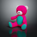 Pink and Turquoise Teddy Bear Doll Sitting on Black Background with Shiny Reflection