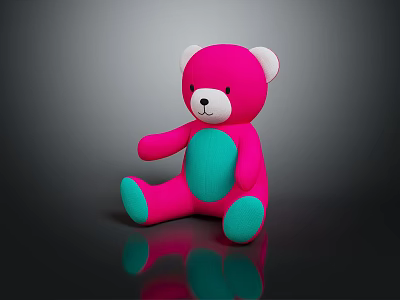Pink and Turquoise Teddy Bear Doll Sitting on Black Background with Shiny Reflection 3d model