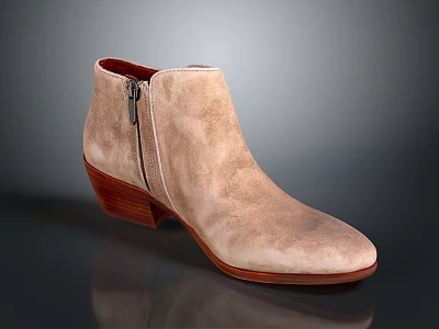 Beige Suede Ankle Boots With Side Zipper And Wooden Heel 3d model