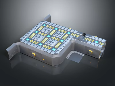 Modern Gray Building With Grid Pattern On Top And Blue Yellow Accent Lights 3d model