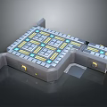 Modern Gray Building With Grid Pattern On Top And Blue Yellow Accent Lights