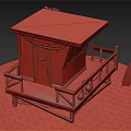 Cartoon Beach Hut On Sandy Ground With Blue Roof Red Door Wooden Balcony And Surfboard