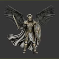 Mythical Man With Angel Wings In Golden Armor Holding Sword And Shield