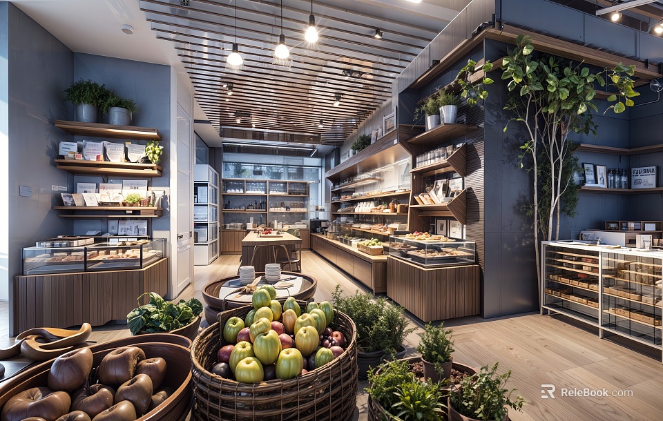 Modern Fruit Store Interior With Fresh Fruit Baskets Wooden Shelves And Green Plants 3d model 