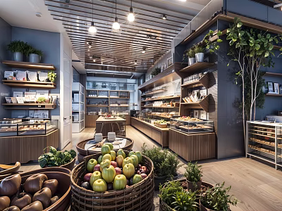 Modern Fruit Store Interior With Fresh Fruit Baskets Wooden Shelves And Green Plants 3d model