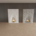 White Marble and Stone TV Wall Design with Arched Fireplace Flames Dark Wood Herringbone Floor