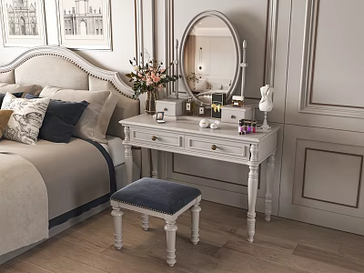 Elegant White Dressing Table With Round Mirror And Blue Stool In Bedroom 3d model