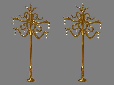 Pair of Golden Ornate Floor Lamps with Elegant Pearl Accents and Decorative Design Details 3d model