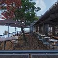 Traditional Chinese Ancient Interior With Blue Calligraphy Banners Wooden Beams And Stone Tables