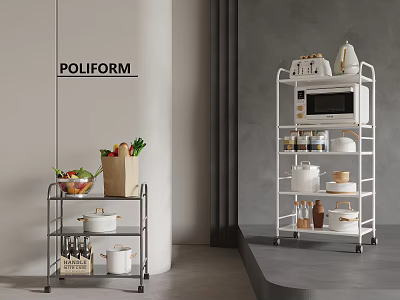 Modern Multi tiered Kitchen Storage Shelves with Cookware Microwave and Food Items 3d model