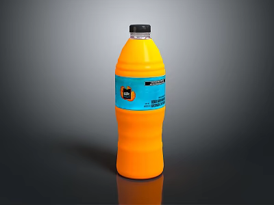 Orange Fruit Drink Bottle With Black Cap And Blue Label On Dark Background 3d model