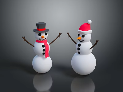 Two Snowmen With Black Top Hat Red Scarf And Santa Hat In Festive Holiday Scene 3d model
