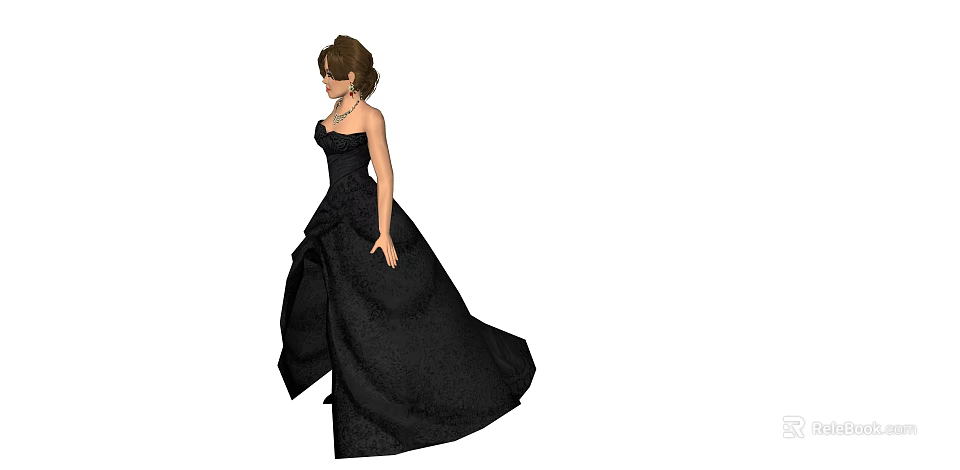 Elegant Woman In Black Strapless Floor Length Formal Gown With Flowing Skirt 3d model 