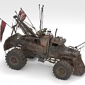 Rugged Off Road Utility Vehicle With Large Tires Multiple Flags And Weathered Mechanical Structures 3d model