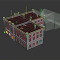 Cartoon Scene Of White Building Model With Black Roof And Transparent Outline Design