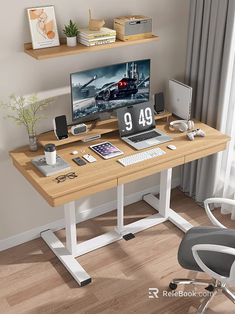 Modern Organized Wooden Office Desk With Monitor Laptop Tablet Coffee Mug And Green Plant 3d model 