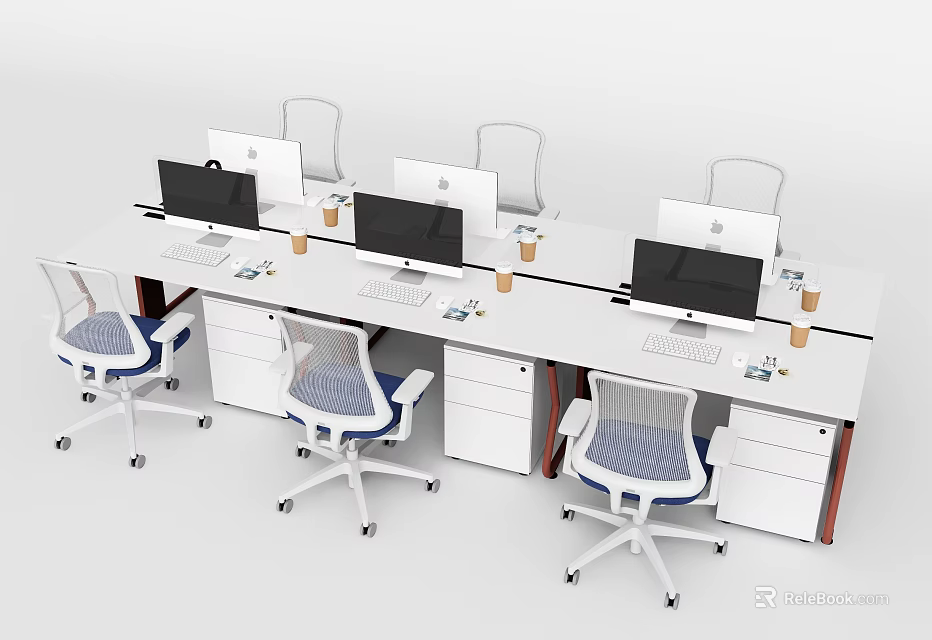 Modern Office Desk Setup With Workstations Desktop Computers Ergonomic Chairs Drawers and Coffee Cups 3d model