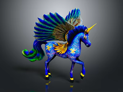 Vibrant Blue Pegasus Decorative Statue With Colorful Wings Green Tail And Yellow Stars 3d model
