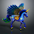 Vibrant Blue Pegasus Decorative Statue With Colorful Wings Green Tail And Yellow Stars