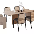 Light Wood Rectangular Dining Table Set with Six Woven Back Chairs and Vase Plant Decor 3d model