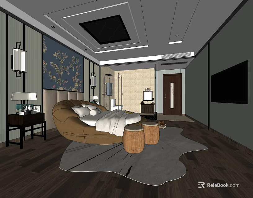 Hotel Guest Room Interior With Curved Bed White Bedding And Gray Rug 3d model 