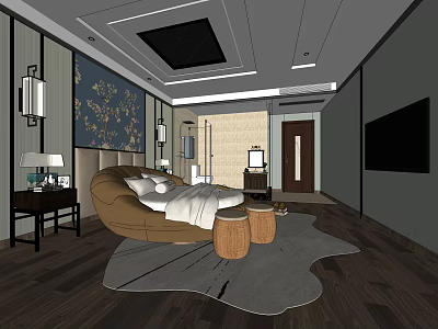 Hotel Guest Room Interior With Curved Bed White Bedding And Gray Rug 3d model