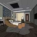 Hotel Guest Room Interior With Curved Bed White Bedding And Gray Rug