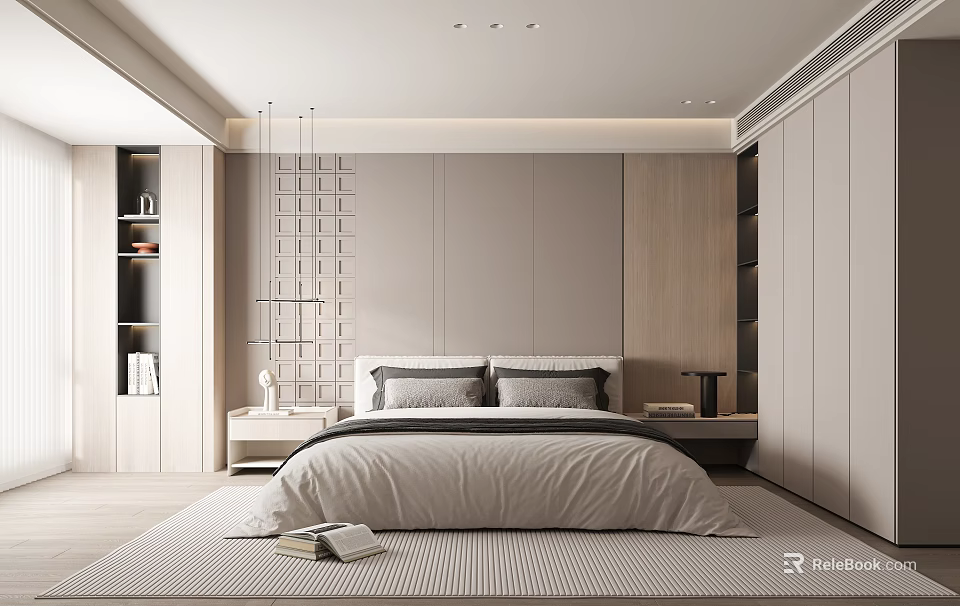 Modern Minimalist Bedroom Interior Design With Double Bed Bedside Tables Pendant Lights And Striped Rug 3d model 