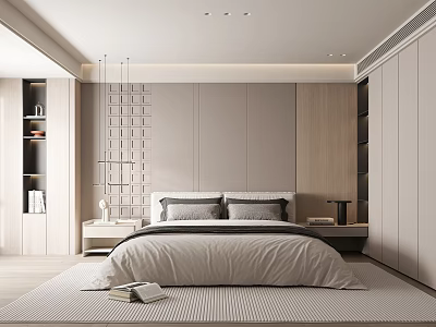 Modern Minimalist Bedroom Interior Design With Double Bed Bedside Tables Pendant Lights And Striped Rug 3d model