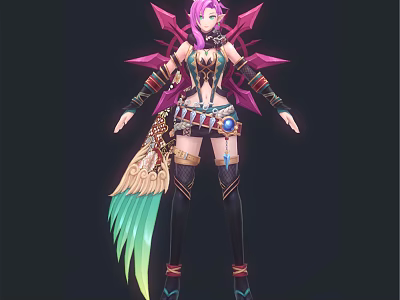 Fantasy Female Character With Pink Hair Mythical Creature Wings Elaborate Outfit Long Boots Feather Decorations 3d model