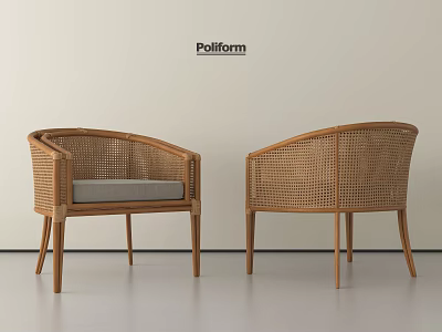 Modern Rattan Single Chair with Curved Backrest Gray Cushion and Wooden Legs 3d model