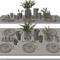 Modern Minimalist Tableware Set with Plates Cups Vases and Green Plants Table Setting 3d model
