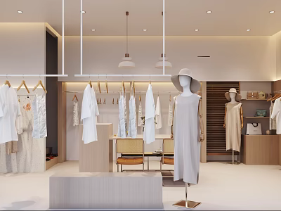 Clothing Store Interior With White Clothing Racks Mannequins Wearing Dresses Wooden Shelves Minimalist Design 3d model