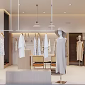 Clothing Store Interior With White Clothing Racks Mannequins Wearing Dresses Wooden Shelves Minimalist Design