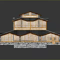 Traditional Wooden Building With Multi Layered Curved Roof And Stone Base Design