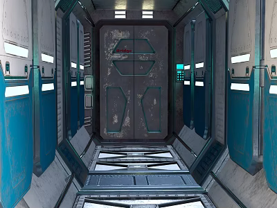 Cartoon Sci Fi Corridor Scene With Metal Door Blue Walls And Lighting Elements 3d model