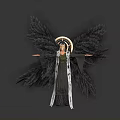Figure With Black Wings Golden Halo Black And White Robe Arms Outstretched On Gray Background