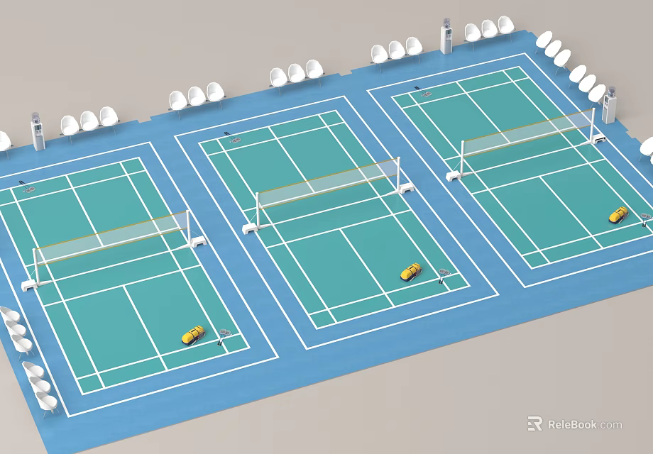 Professional Tennis Court Equipment With Three Courts Nets Yellow Balls And Spectator Seats 3d model 