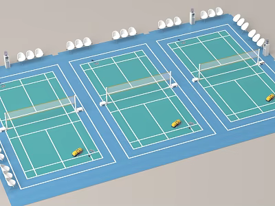 Professional Tennis Court Equipment With Three Courts Nets Yellow Balls And Spectator Seats 3d model