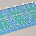 Professional Tennis Court Equipment With Three Courts Nets Yellow Balls And Spectator Seats